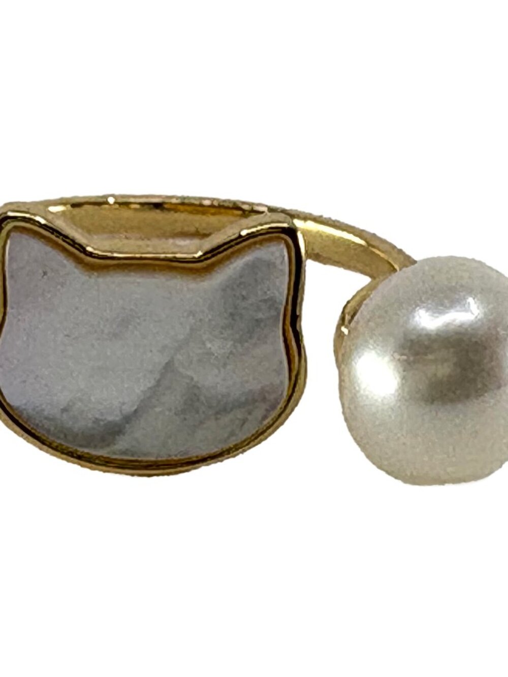 18K Gold Plated Cat Shell Pearl Ring Adjustable Open Cute Animal Jewelry 3.11g